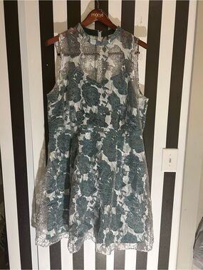 Sleeveless Floral Lace Mini Dress in Teal and Ivory